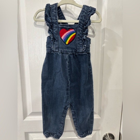 Hanna Andersson Denim Kids Overalls with rainbow Heart Patch 12-18months - Picture 1 of 6